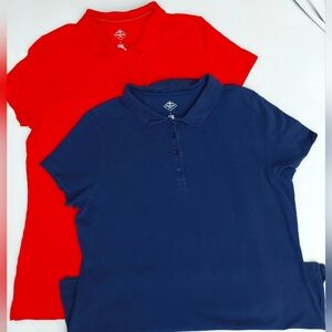 2 SS Knit Polo Tops sz L Red/ Navy Blue 3 button front St Johns Bay